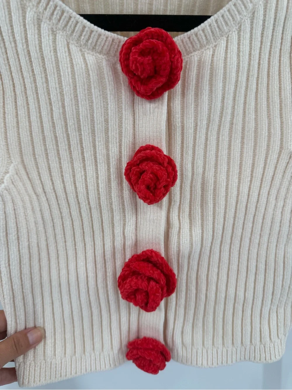 For Love & Lemons Roxana Cardigan Ribbed Knit Rosette Appliqus White Womens Med